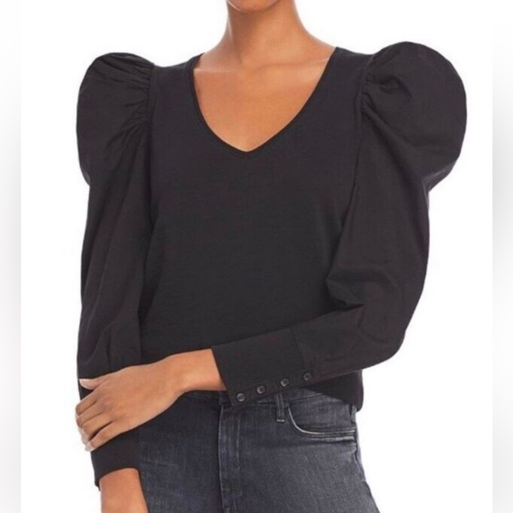 Anthropologie Nation Los Angeles Black Puff-Sleeve V-Neck Top Long Sleeve